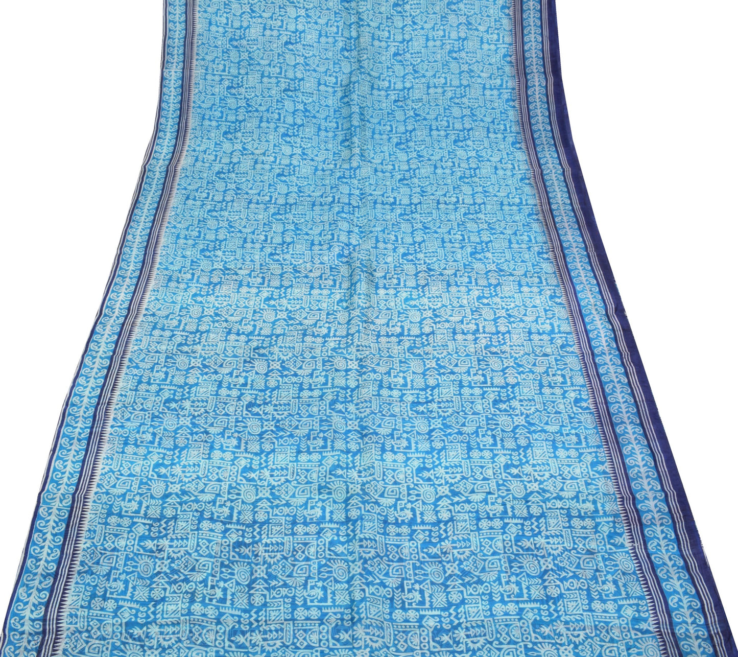 Sushila Vintage Aqua Blue Saree 100% Pure Silk Printed Indian Soft Craft Fabric
