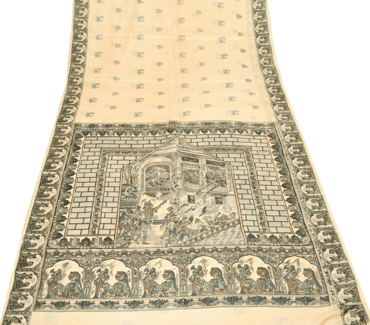 Sushila Vintage Cream Saree 100%Pure Silk Human Motifs Printed Soft Craft Fabric