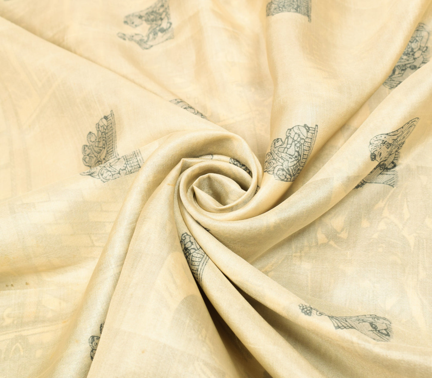 Sushila Vintage Cream Saree 100%Pure Silk Human Motifs Printed Soft Craft Fabric