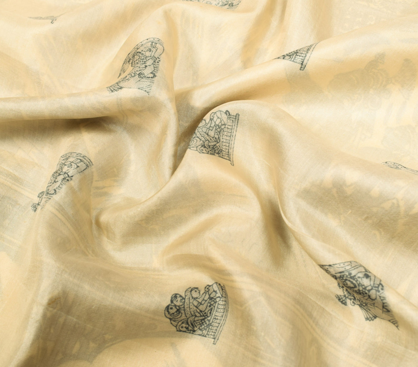 Sushila Vintage Cream Saree 100%Pure Silk Human Motifs Printed Soft Craft Fabric