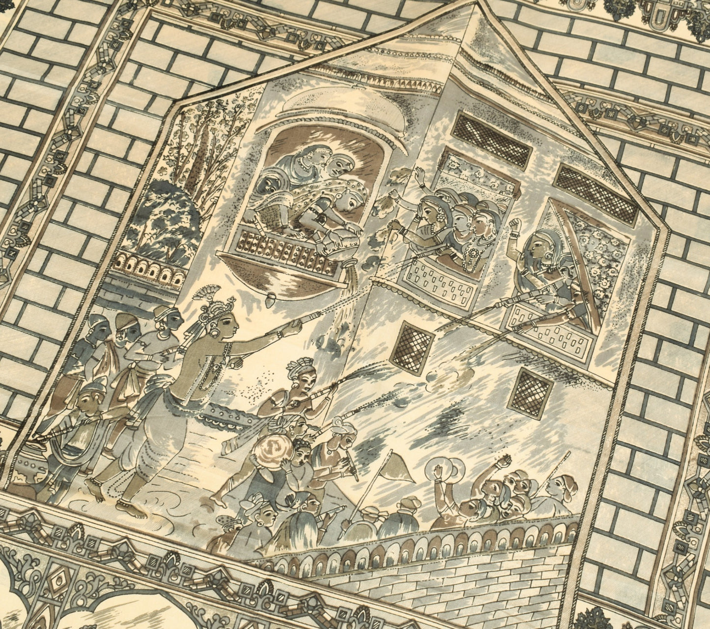 Sushila Vintage Cream Saree 100%Pure Silk Human Motifs Printed Soft Craft Fabric