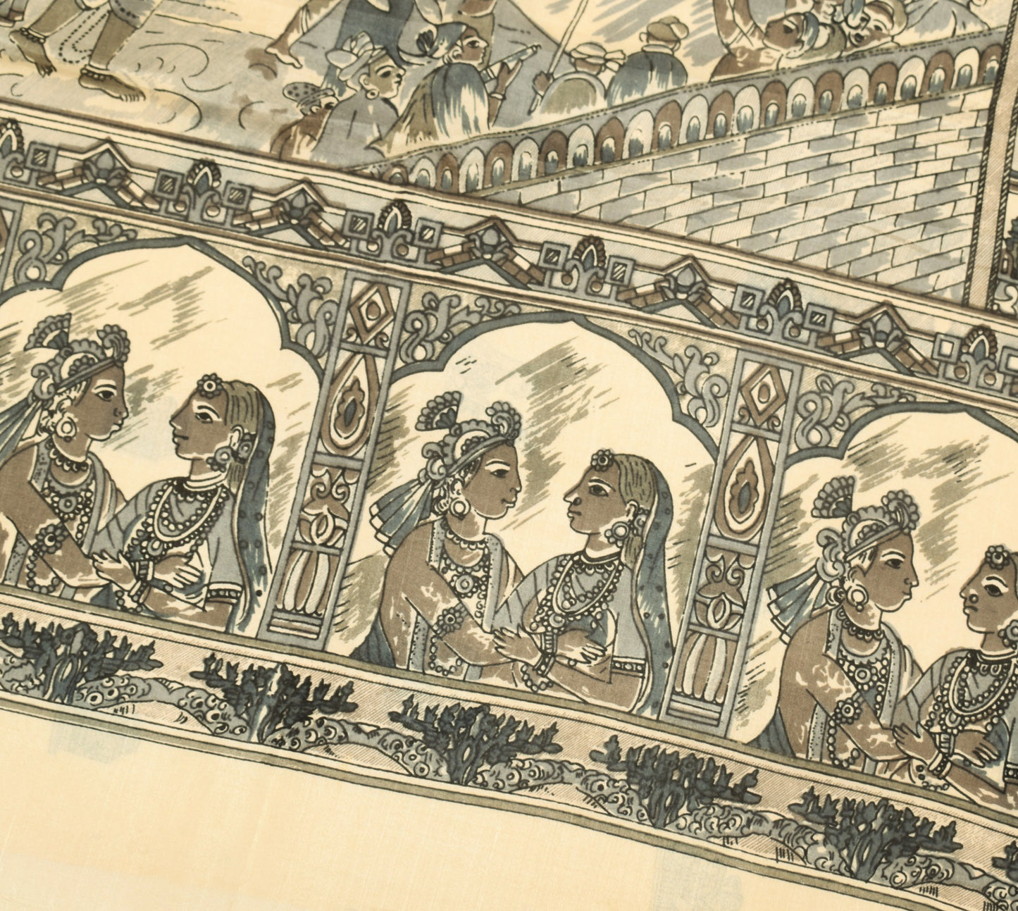 Sushila Vintage Cream Saree 100%Pure Silk Human Motifs Printed Soft Craft Fabric