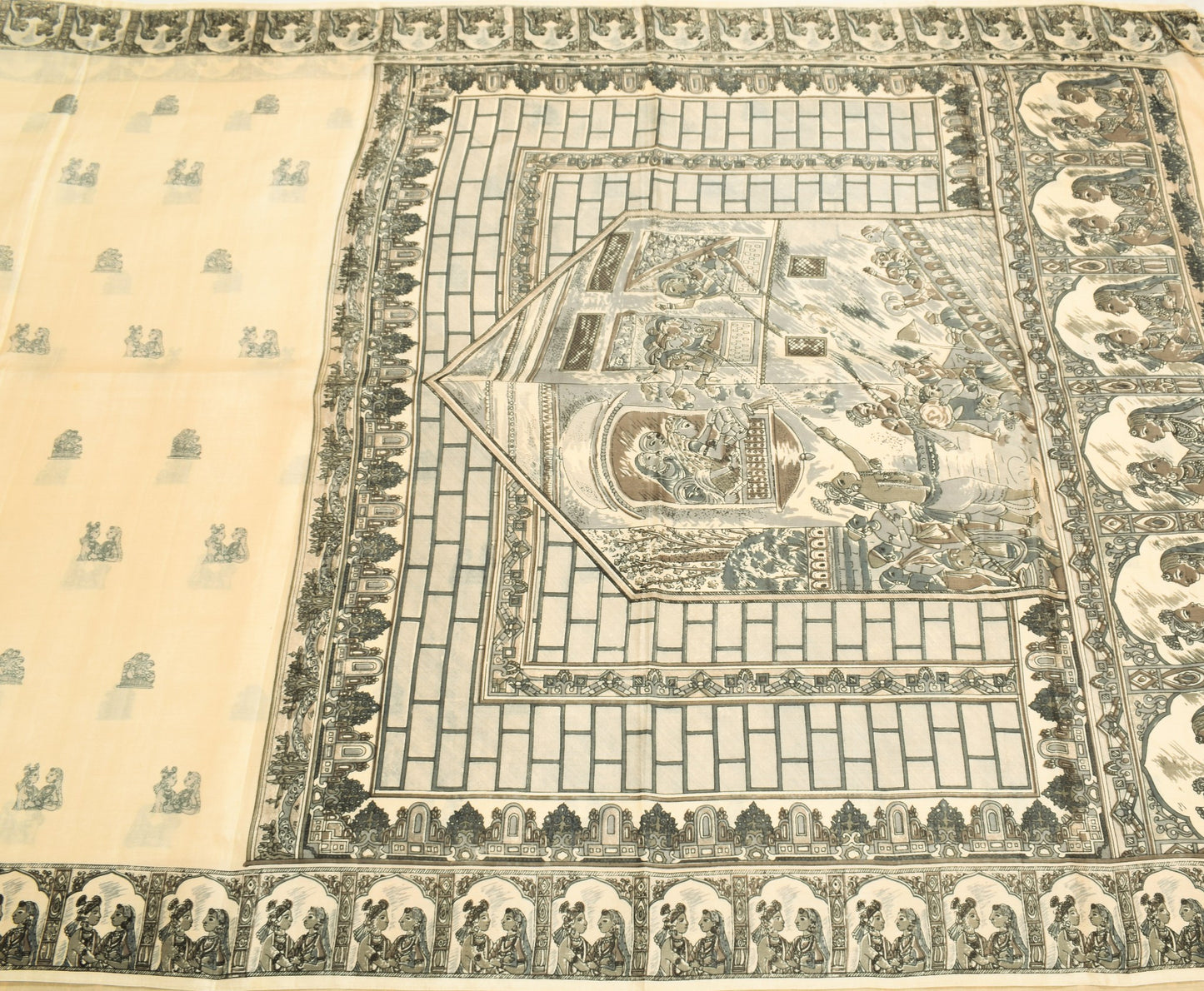 Sushila Vintage Cream Saree 100%Pure Silk Human Motifs Printed Soft Craft Fabric