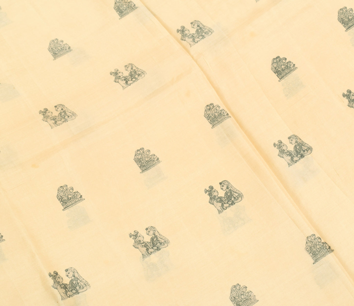 Sushila Vintage Cream Saree 100%Pure Silk Human Motifs Printed Soft Craft Fabric