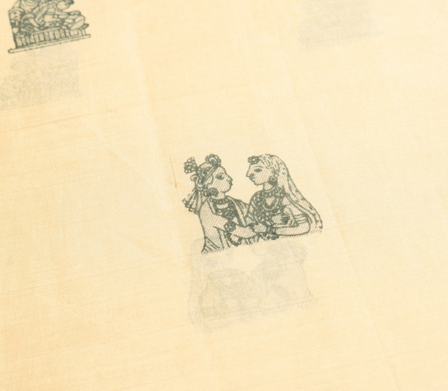 Sushila Vintage Cream Saree 100%Pure Silk Human Motifs Printed Soft Craft Fabric