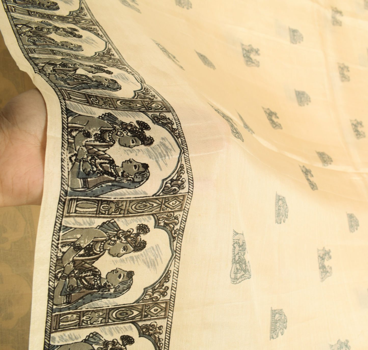 Sushila Vintage Cream Saree 100%Pure Silk Human Motifs Printed Soft Craft Fabric