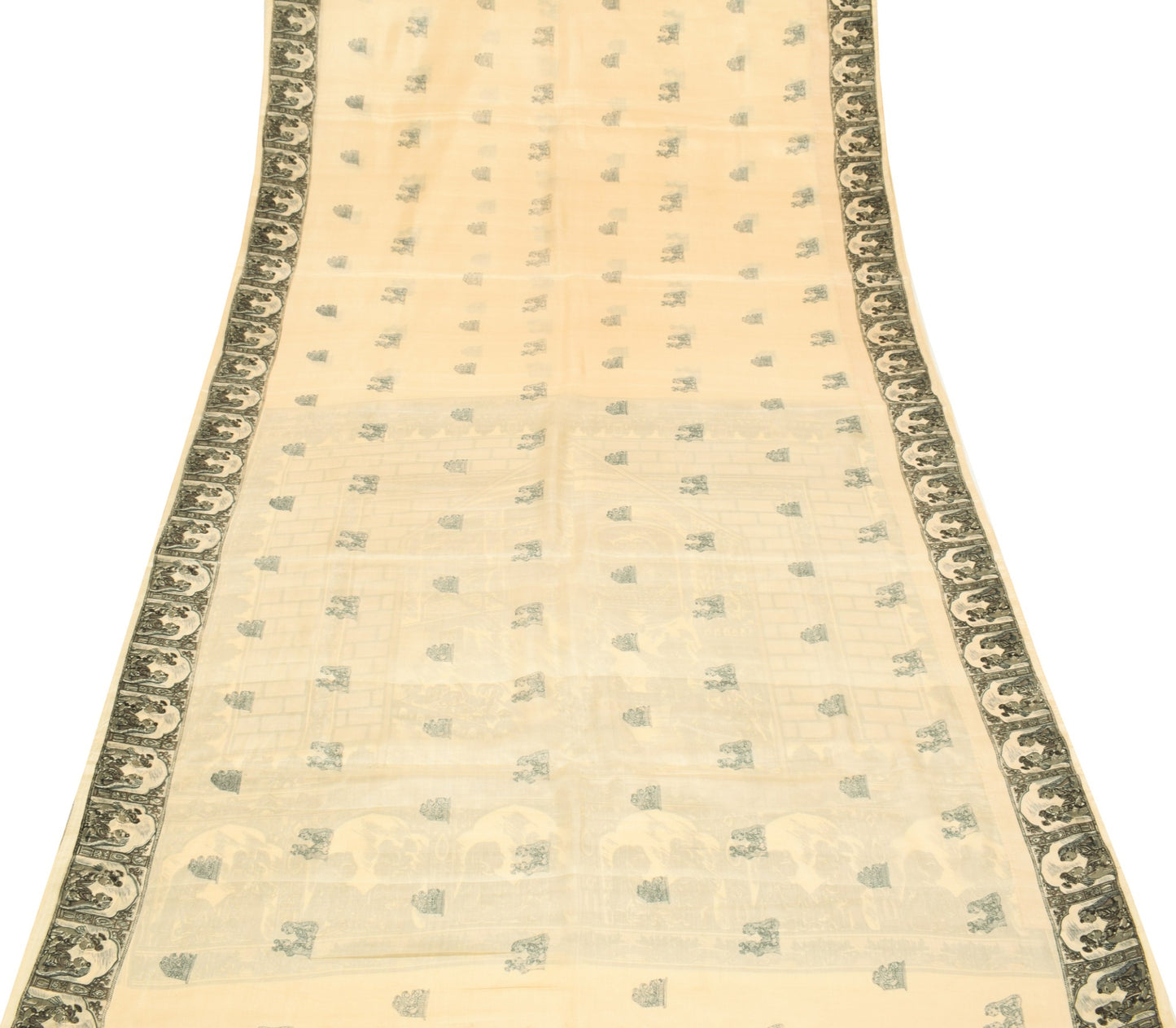 Sushila Vintage Cream Saree 100%Pure Silk Human Motifs Printed Soft Craft Fabric
