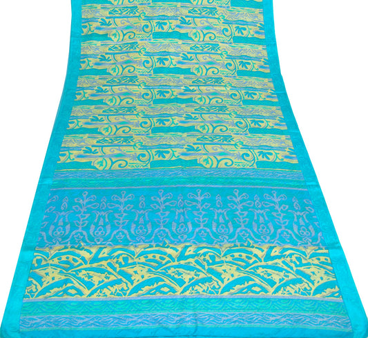 Sushila Vintage Turquoise Blue Saree 100% Pure Silk Printed Soft Craft Fabric