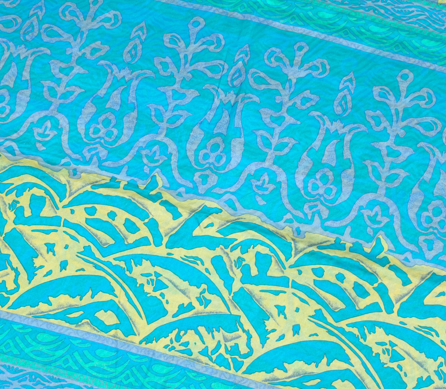 Sushila Vintage Turquoise Blue Saree 100% Pure Silk Printed Soft Craft Fabric