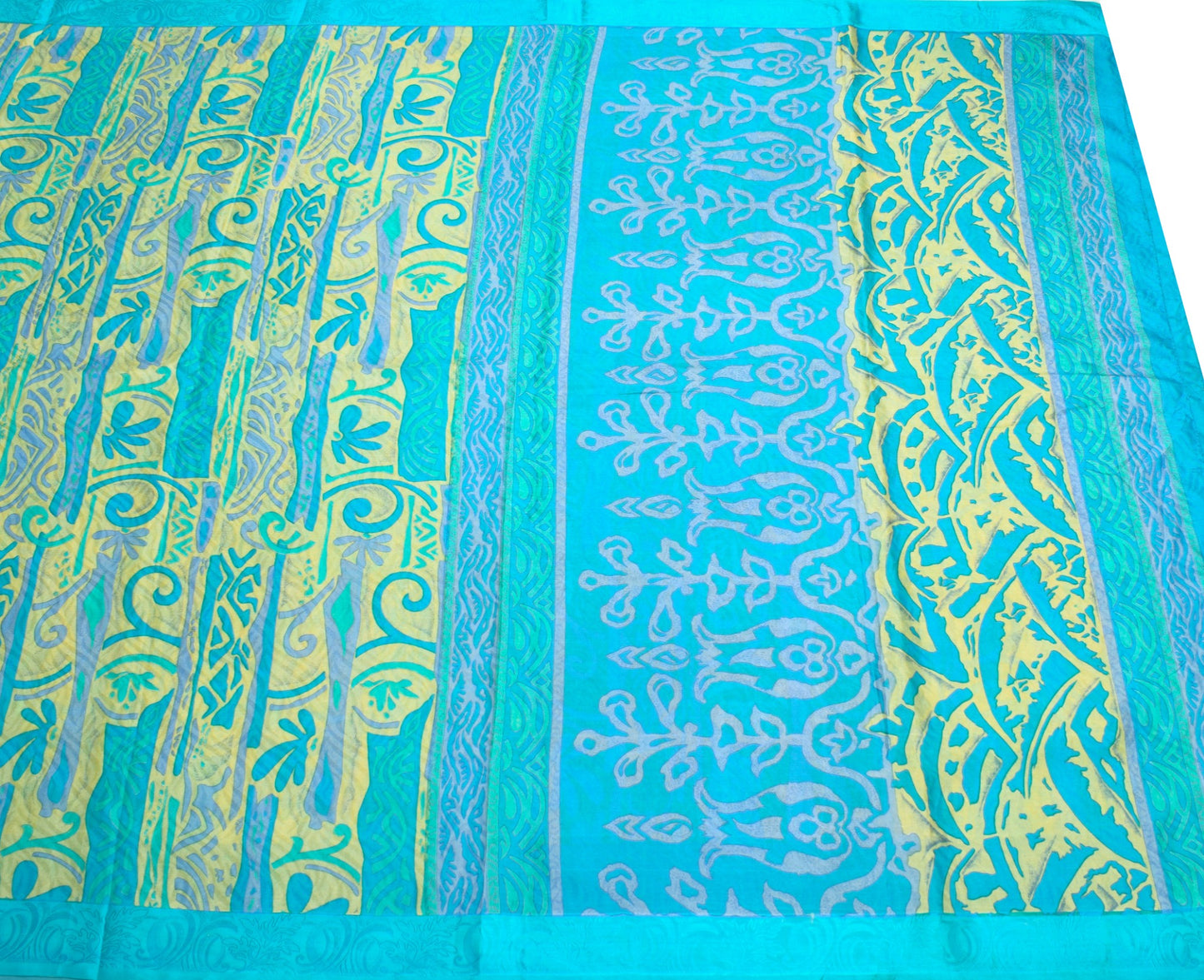 Sushila Vintage Turquoise Blue Saree 100% Pure Silk Printed Soft Craft Fabric