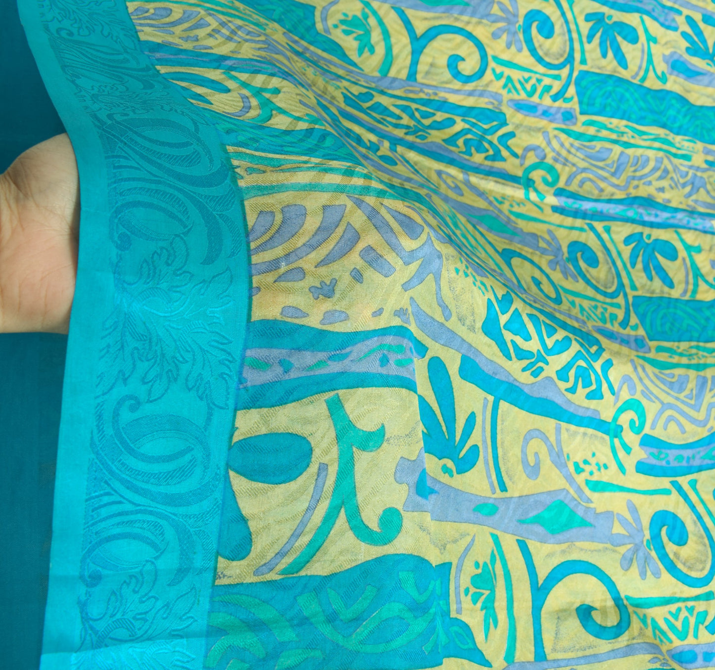 Sushila Vintage Turquoise Blue Saree 100% Pure Silk Printed Soft Craft Fabric