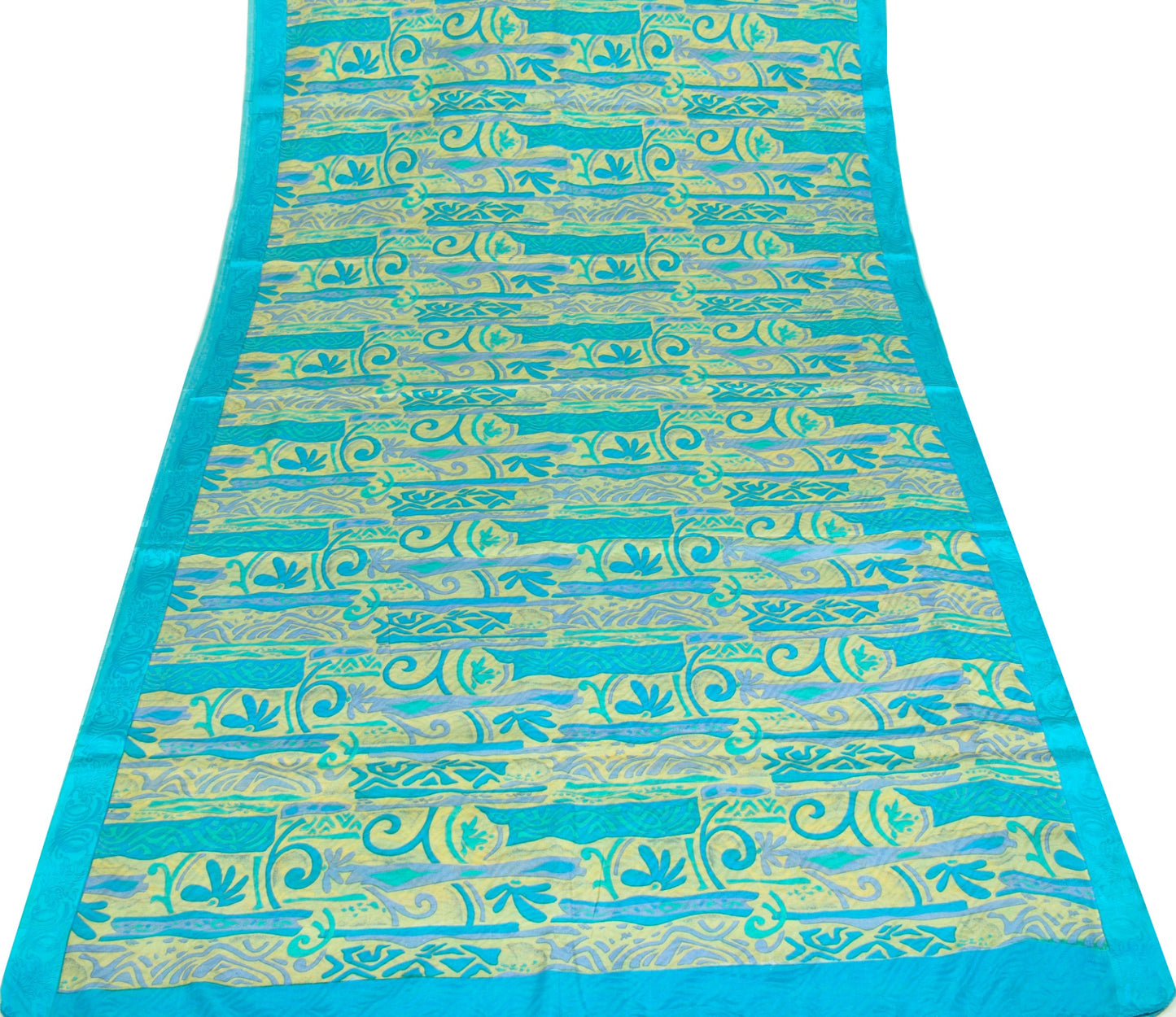 Sushila Vintage Turquoise Blue Saree 100% Pure Silk Printed Soft Craft Fabric