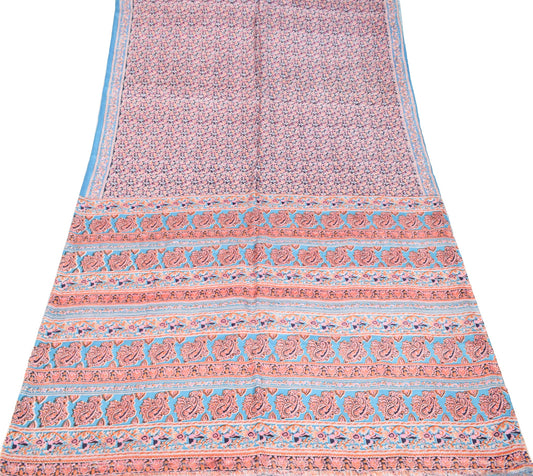 Sushila Vintage Floral Saree Dark Blue 100% Pure Silk Printed Soft Craft Fabric