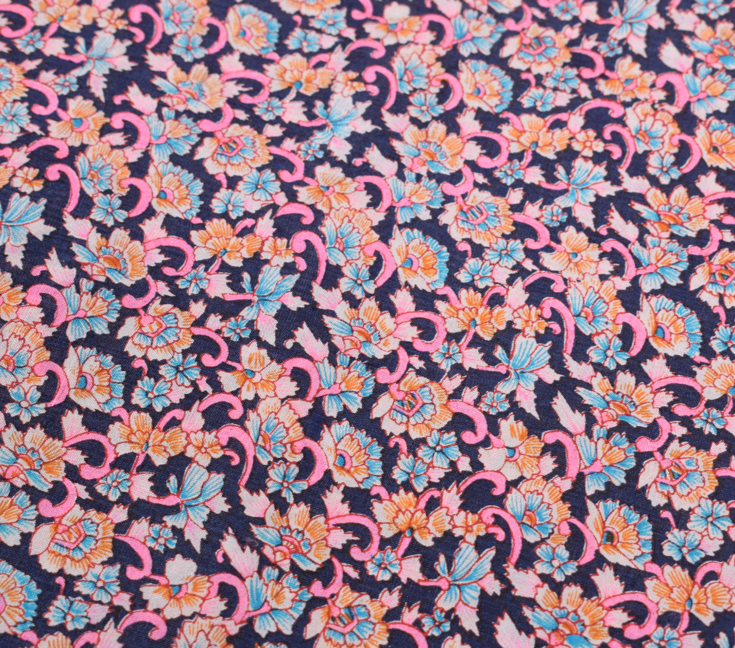 Sushila Vintage Floral Saree Dark Blue 100% Pure Silk Printed Soft Craft Fabric