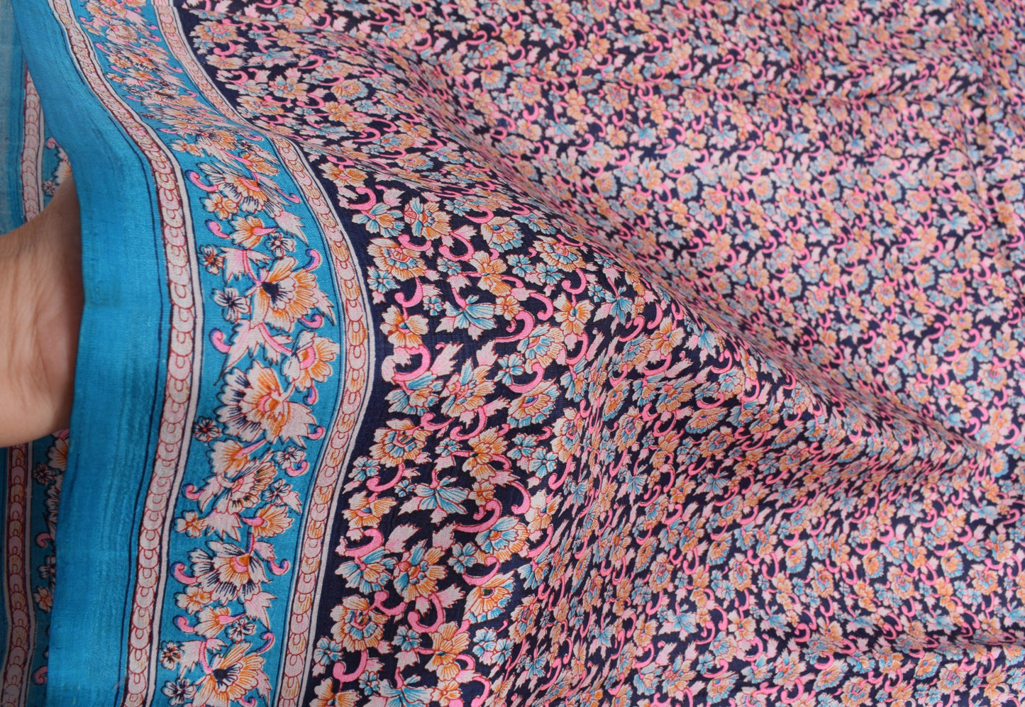 Sushila Vintage Floral Saree Dark Blue 100% Pure Silk Printed Soft Craft Fabric