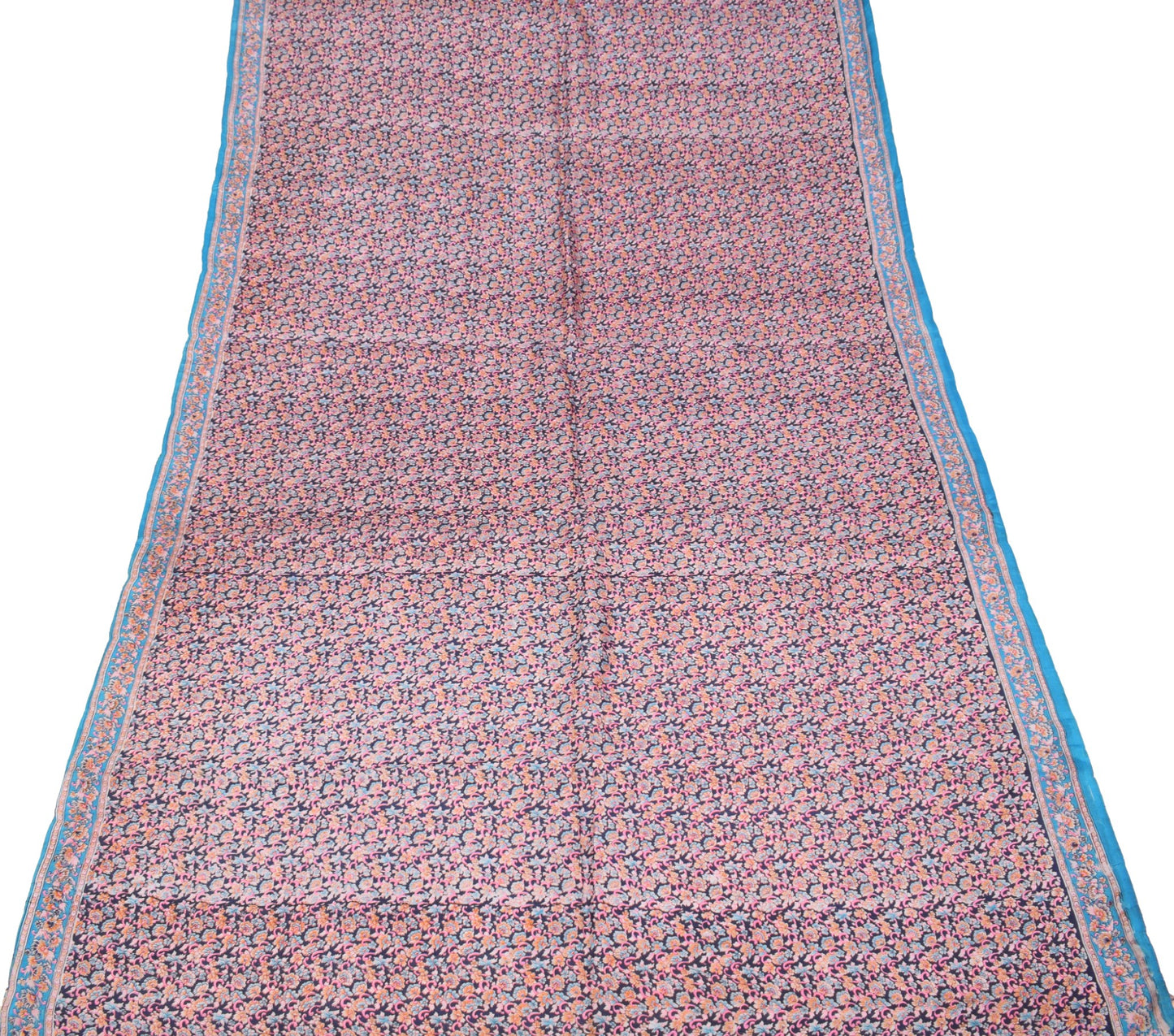 Sushila Vintage Floral Saree Dark Blue 100% Pure Silk Printed Soft Craft Fabric