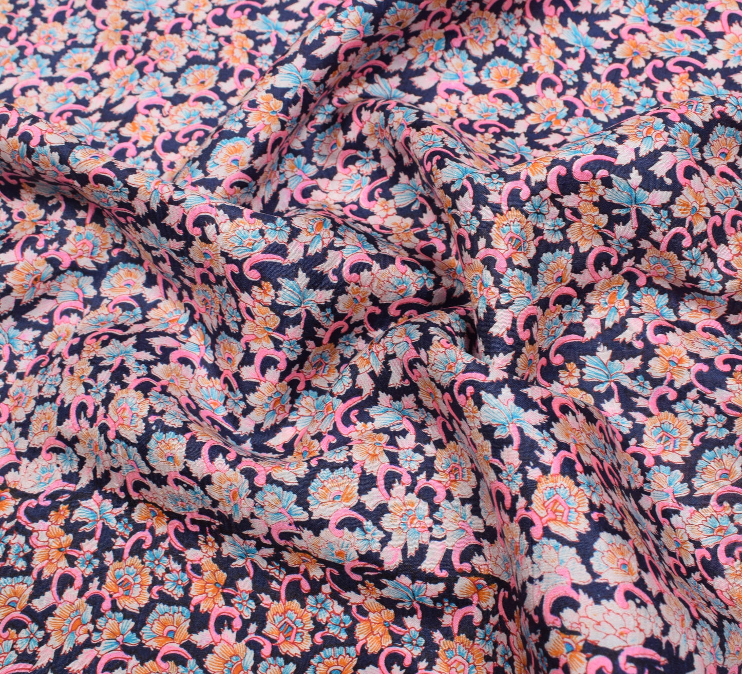 Sushila Vintage Floral Saree Dark Blue 100% Pure Silk Printed Soft Craft Fabric