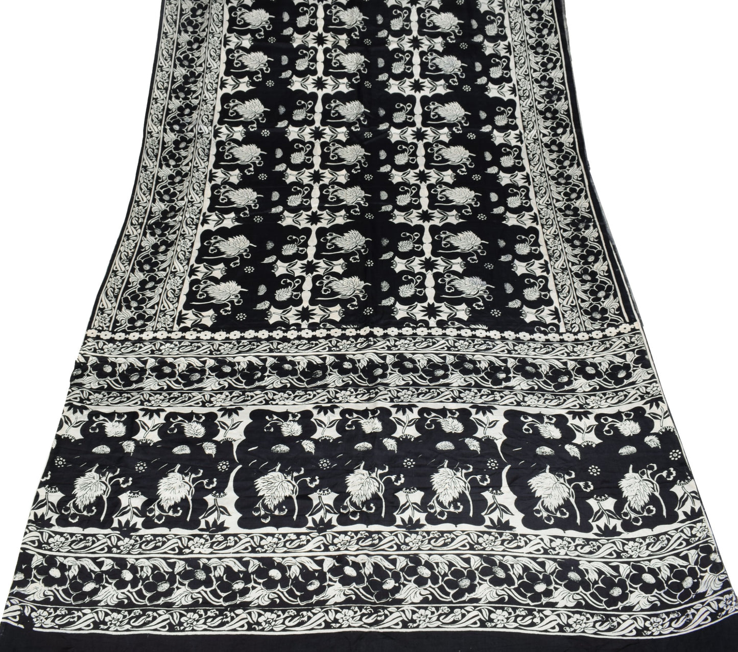 Sushila Vintage Black White Bollywood Saree Pure Satin Silk Printed Soft Fabric