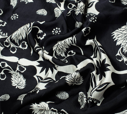 Sushila Vintage Black White Bollywood Saree Pure Satin Silk Printed Soft Fabric