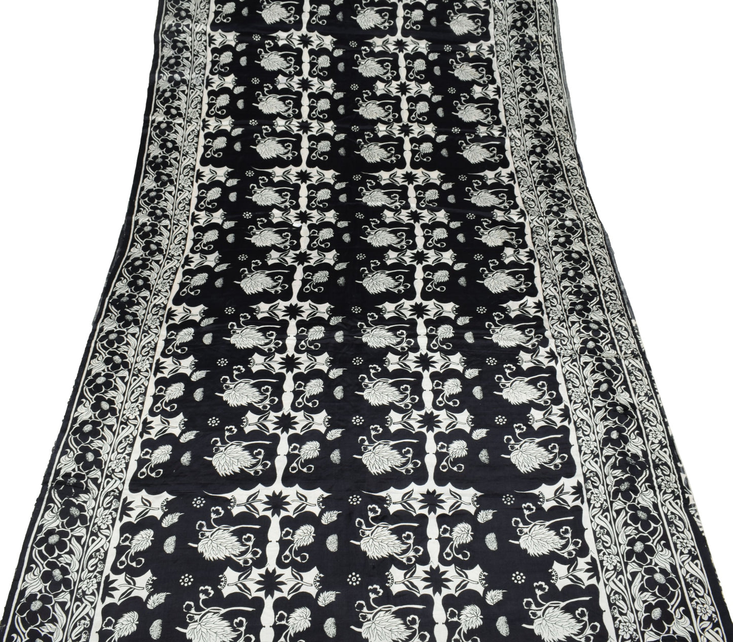 Sushila Vintage Black White Bollywood Saree Pure Satin Silk Printed Soft Fabric