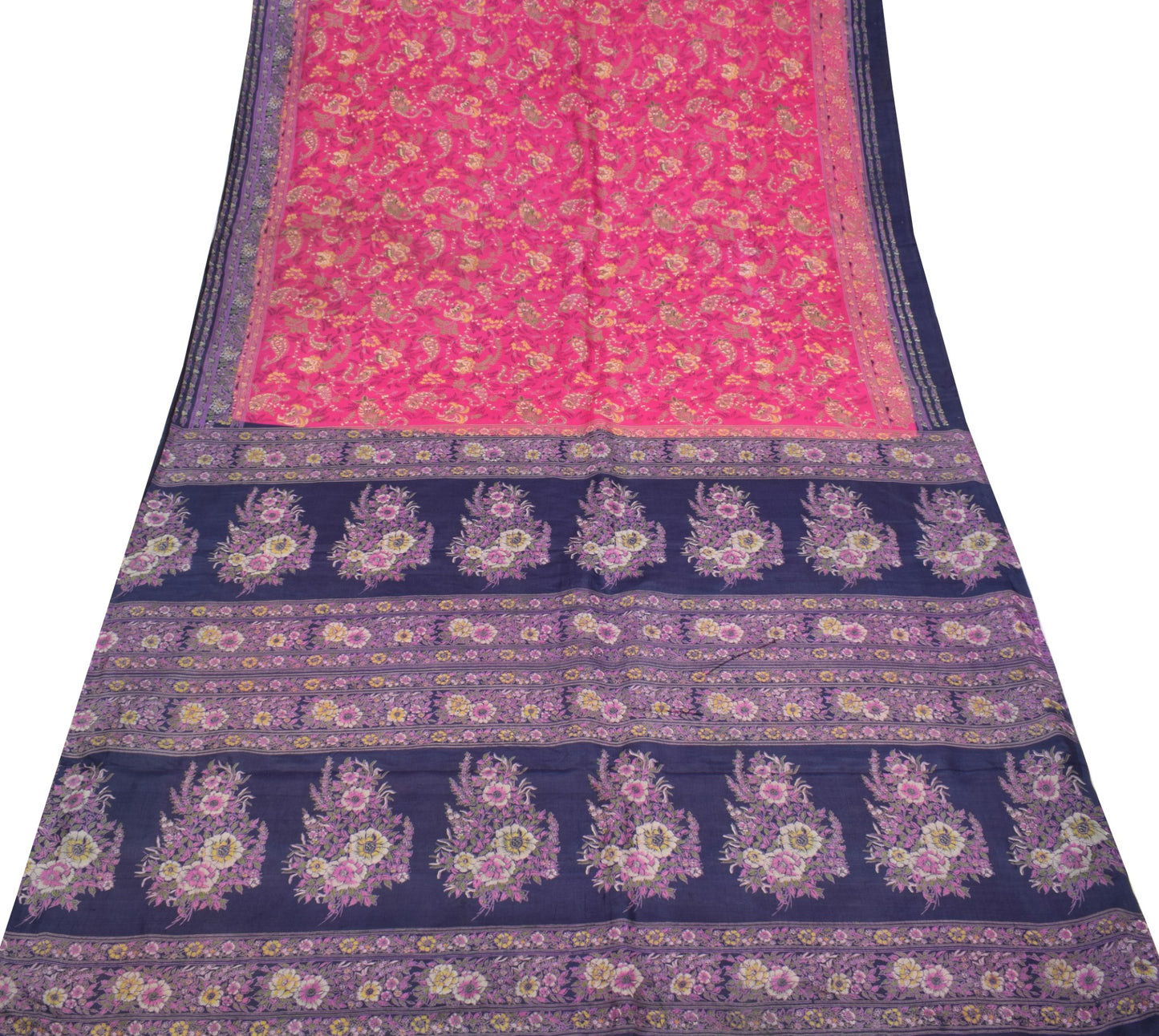 Sushila Vintage Magenta Paisley Printed Saree 100% Pure Silk Soft Craft Fabric