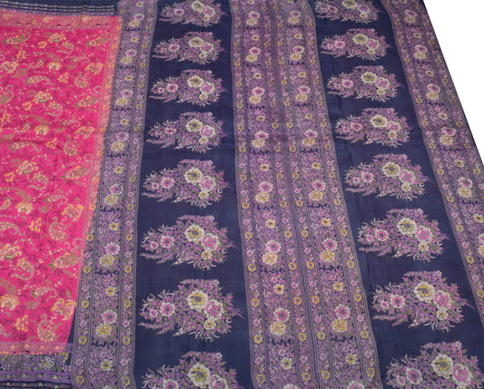 Sushila Vintage Magenta Paisley Printed Saree 100% Pure Silk Soft Craft Fabric