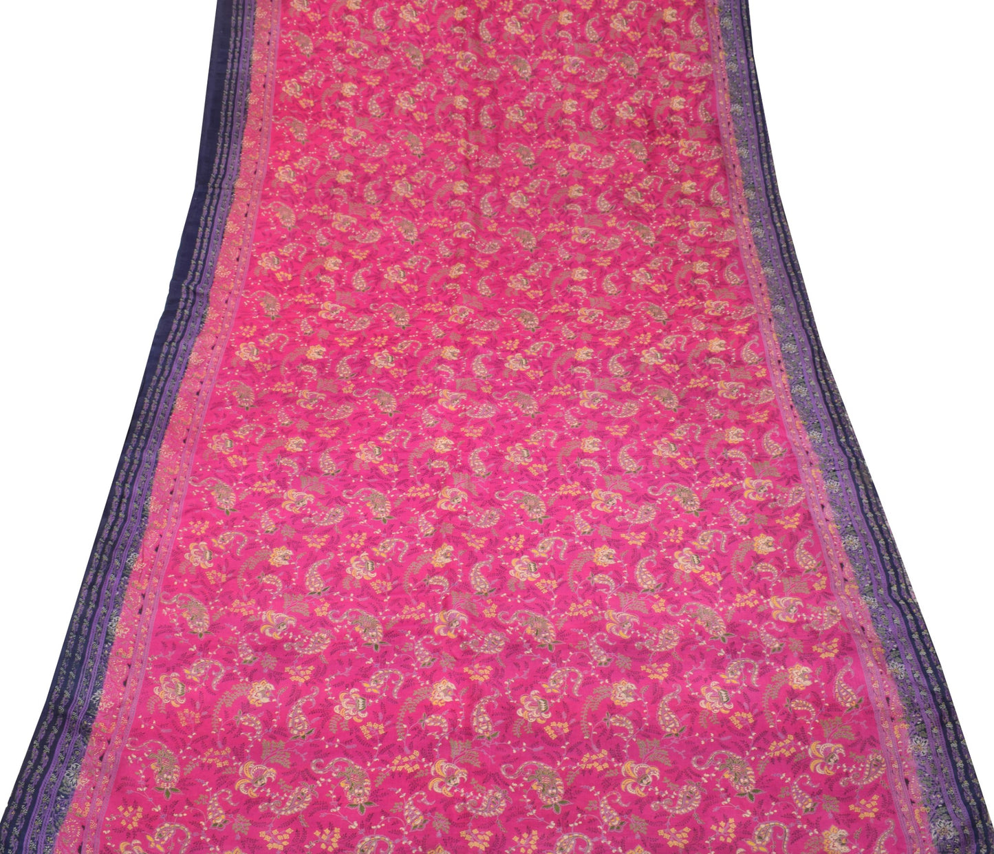 Sushila Vintage Magenta Paisley Printed Saree 100% Pure Silk Soft Craft Fabric