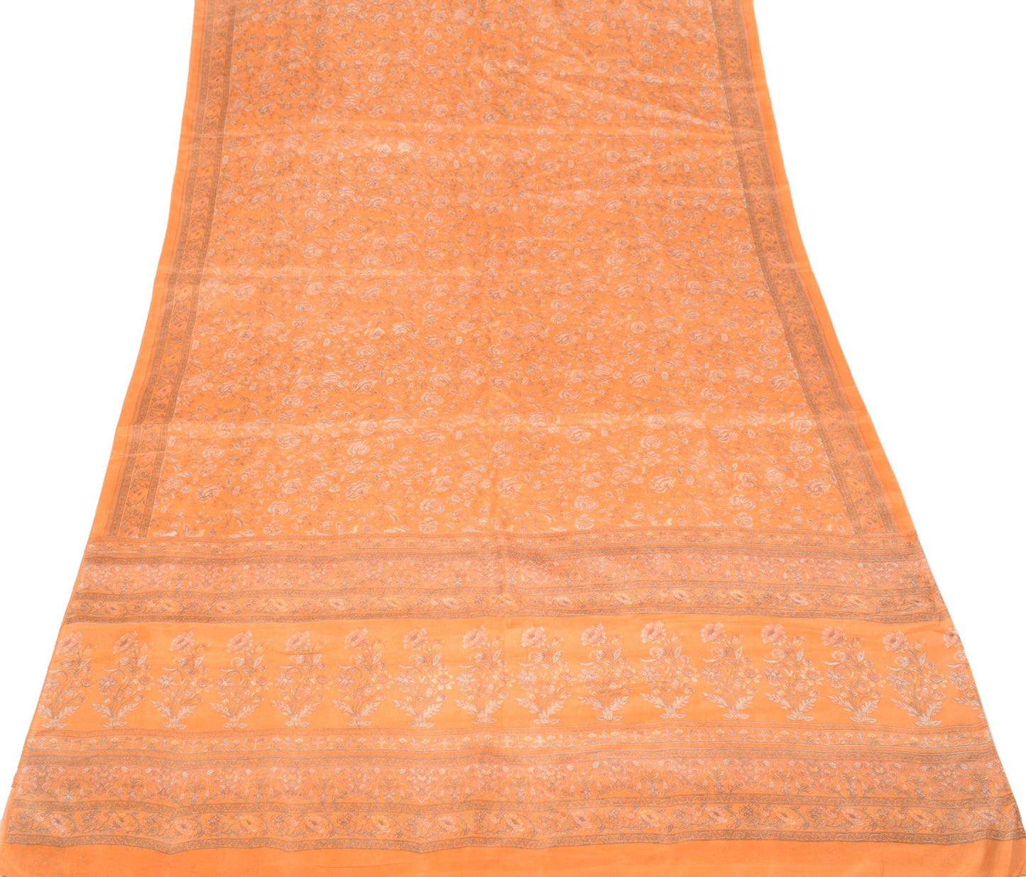 Sushila Vintage 100% Pure Silk Saree Orange Printed Floral 6YD Soft Craft Fabric