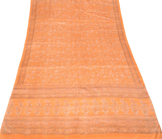 Sushila Vintage 100% Pure Silk Saree Orange Printed Floral 6YD Soft Craft Fabric
