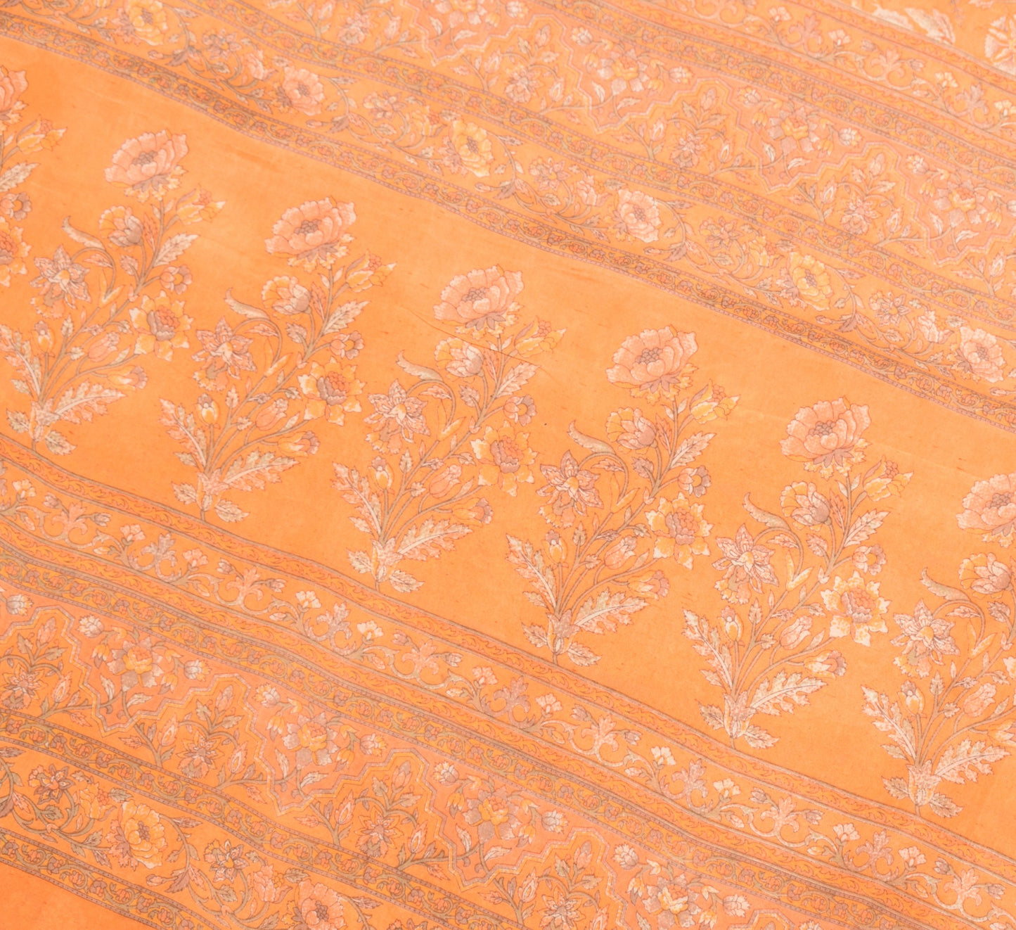 Sushila Vintage 100% Pure Silk Saree Orange Printed Floral 6YD Soft Craft Fabric