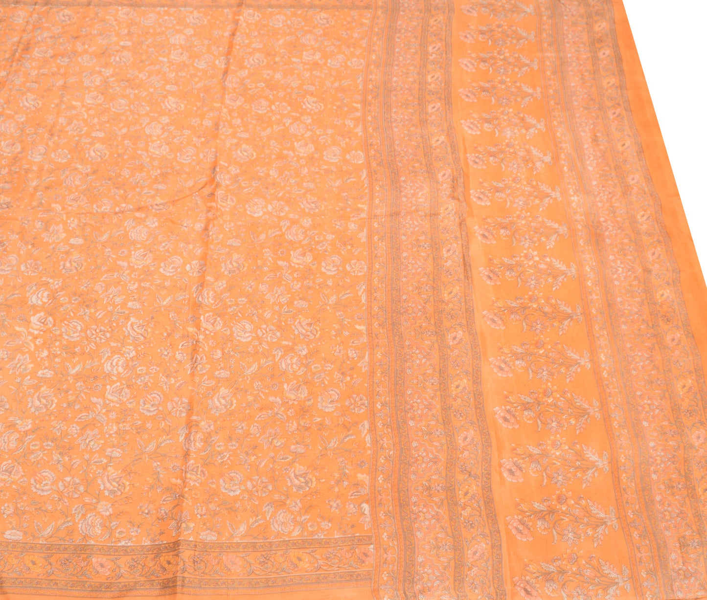Sushila Vintage 100% Pure Silk Saree Orange Printed Floral 6YD Soft Craft Fabric