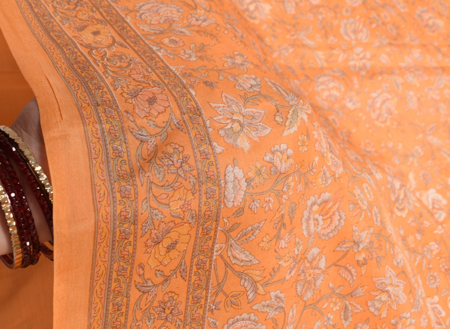 Sushila Vintage 100% Pure Silk Saree Orange Printed Floral 6YD Soft Craft Fabric