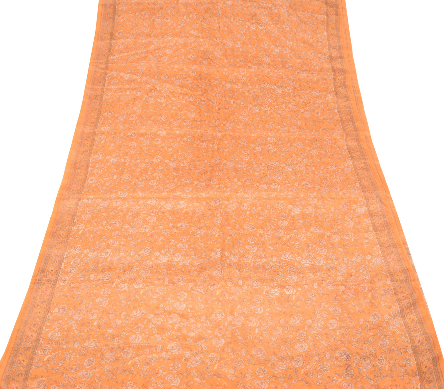Sushila Vintage 100% Pure Silk Saree Orange Printed Floral 6YD Soft Craft Fabric