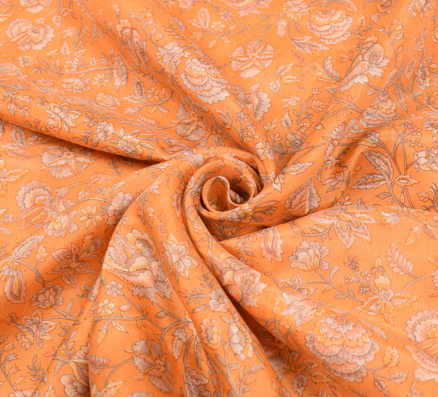 Sushila Vintage 100% Pure Silk Saree Orange Printed Floral 6YD Soft Craft Fabric