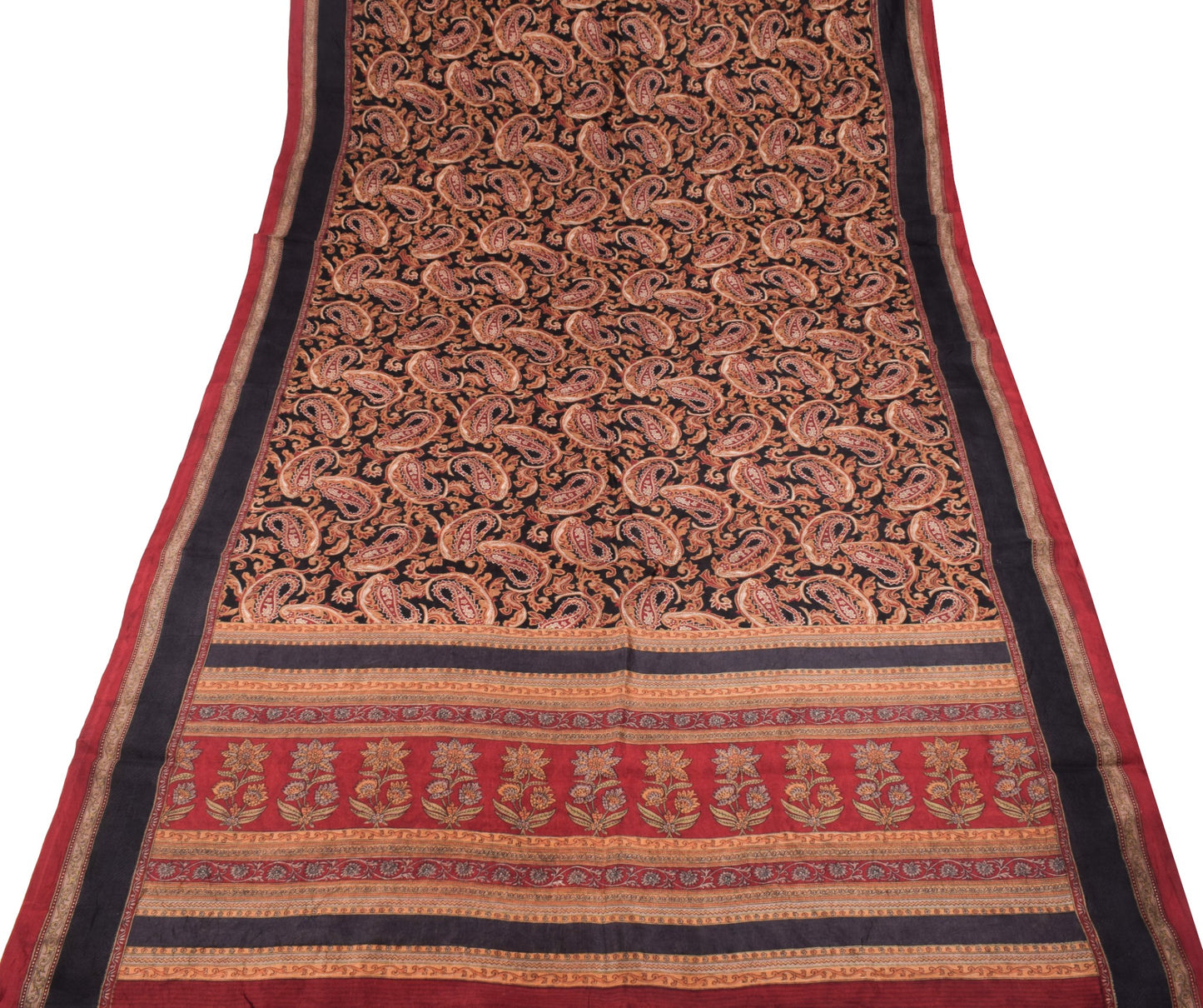 Sushila Vintage Paisley Black Saree 100% Pure Silk Printed Soft Craft Fabric