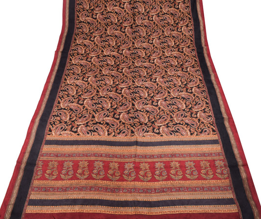 Sushila Vintage Paisley Black Saree 100% Pure Silk Printed Soft Craft Fabric