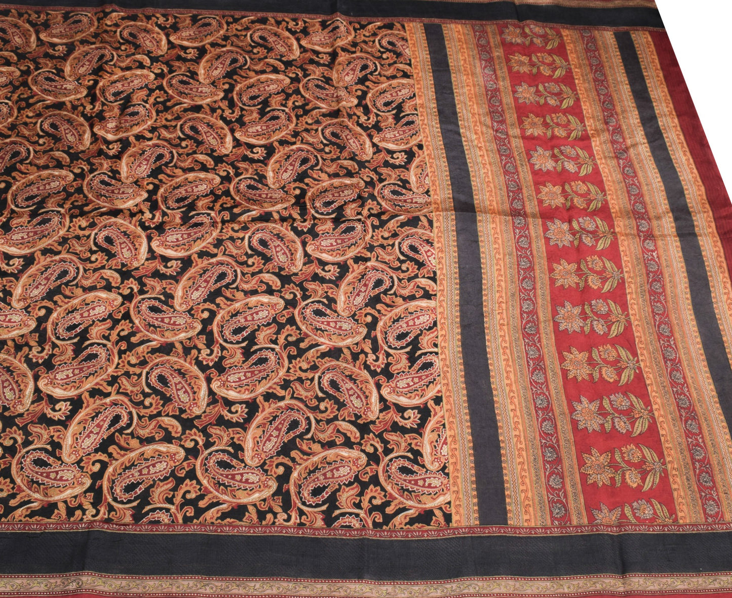 Sushila Vintage Paisley Black Saree 100% Pure Silk Printed Soft Craft Fabric