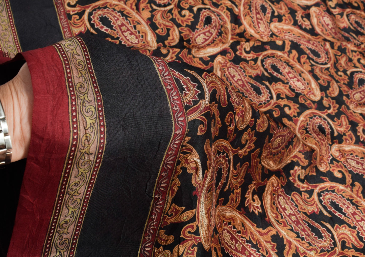 Sushila Vintage Paisley Black Saree 100% Pure Silk Printed Soft Craft Fabric