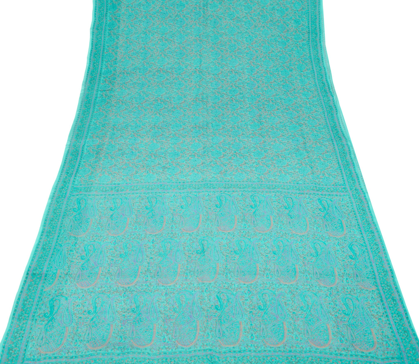 Sushila Vintage Aqua Green Saree Pure Chiffon Silk Hand Print Floral Soft Fabric