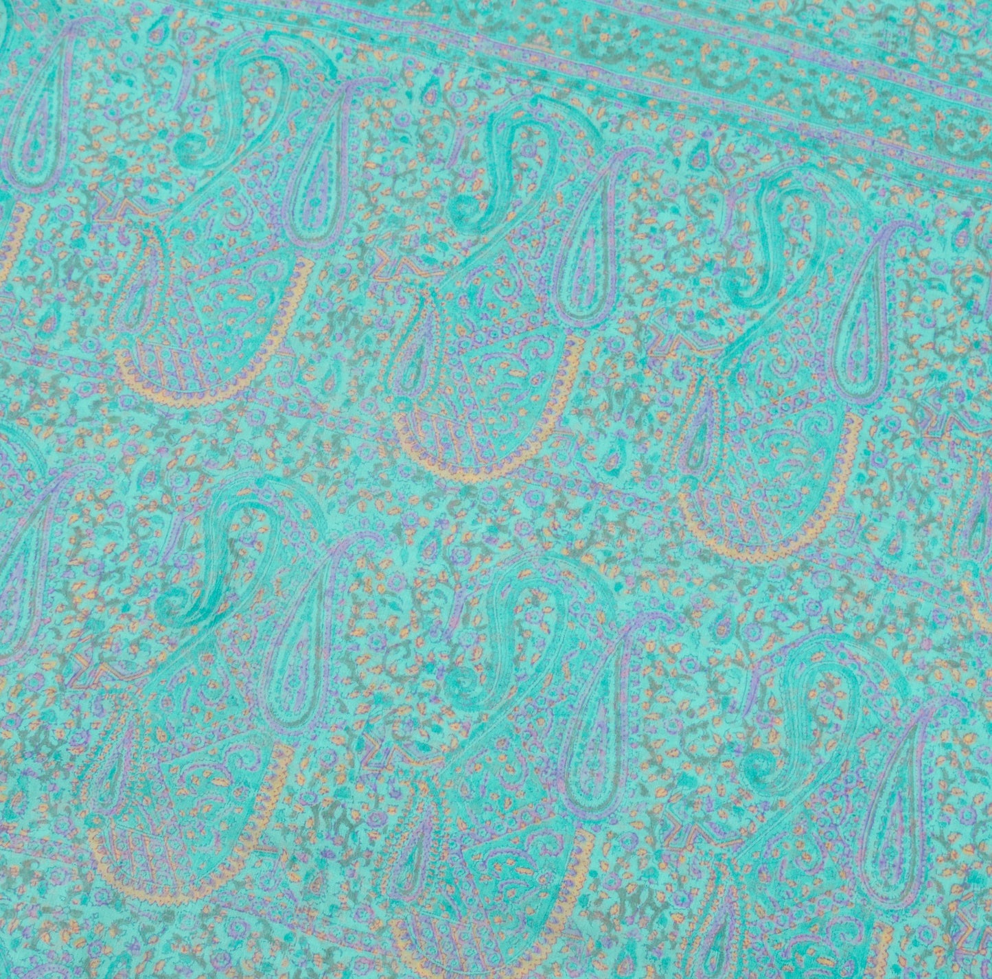 Sushila Vintage Aqua Green Saree Pure Chiffon Silk Hand Print Floral Soft Fabric