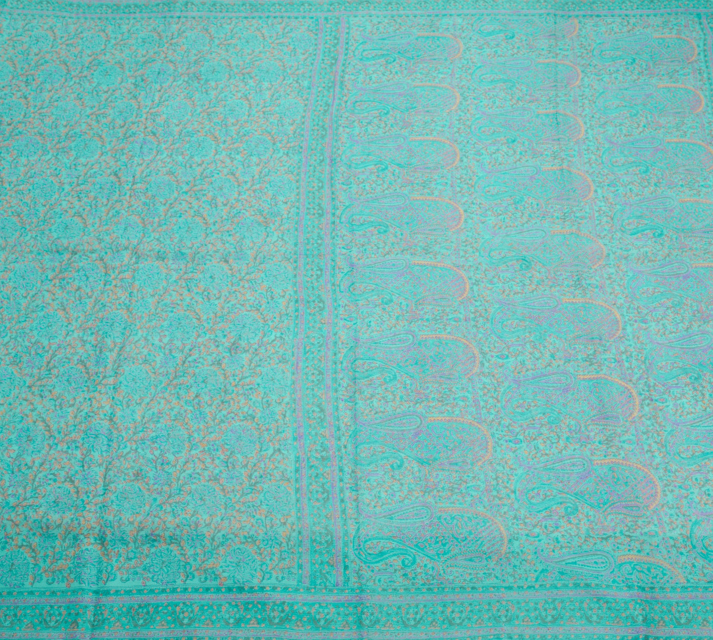 Sushila Vintage Aqua Green Saree Pure Chiffon Silk Hand Print Floral Soft Fabric