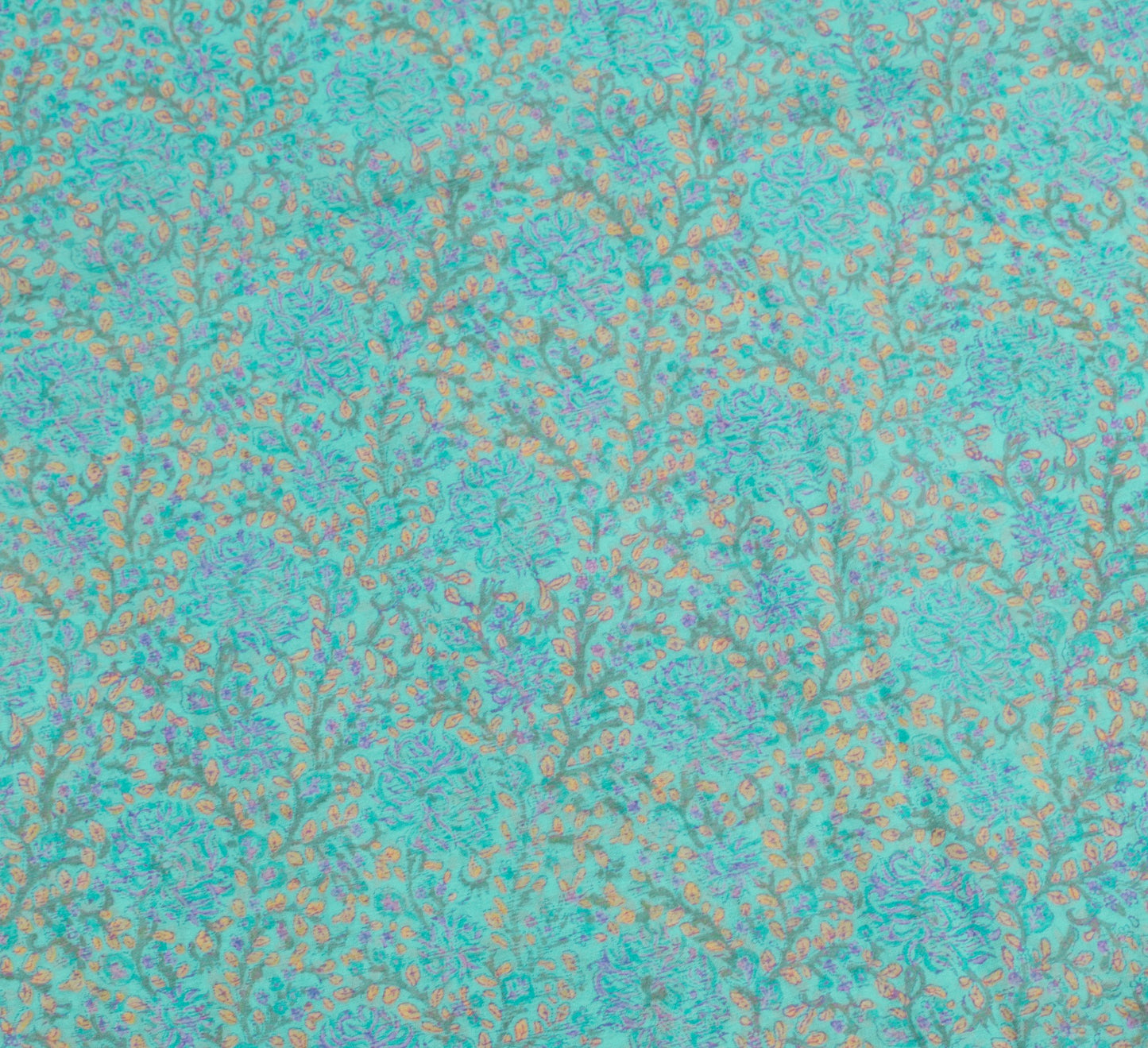 Sushila Vintage Aqua Green Saree Pure Chiffon Silk Hand Print Floral Soft Fabric