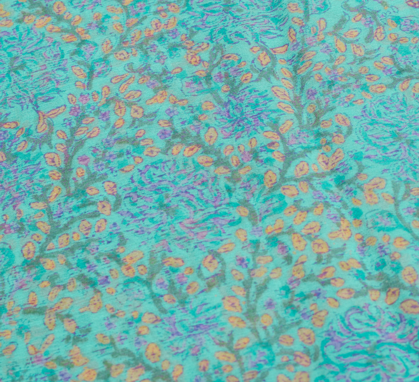 Sushila Vintage Aqua Green Saree Pure Chiffon Silk Hand Print Floral Soft Fabric