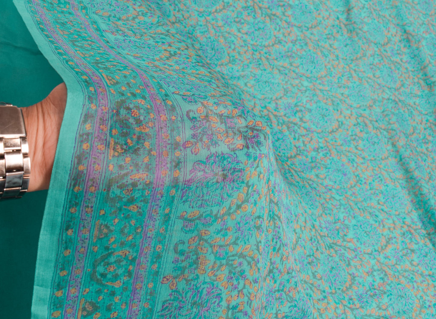 Sushila Vintage Aqua Green Saree Pure Chiffon Silk Hand Print Floral Soft Fabric