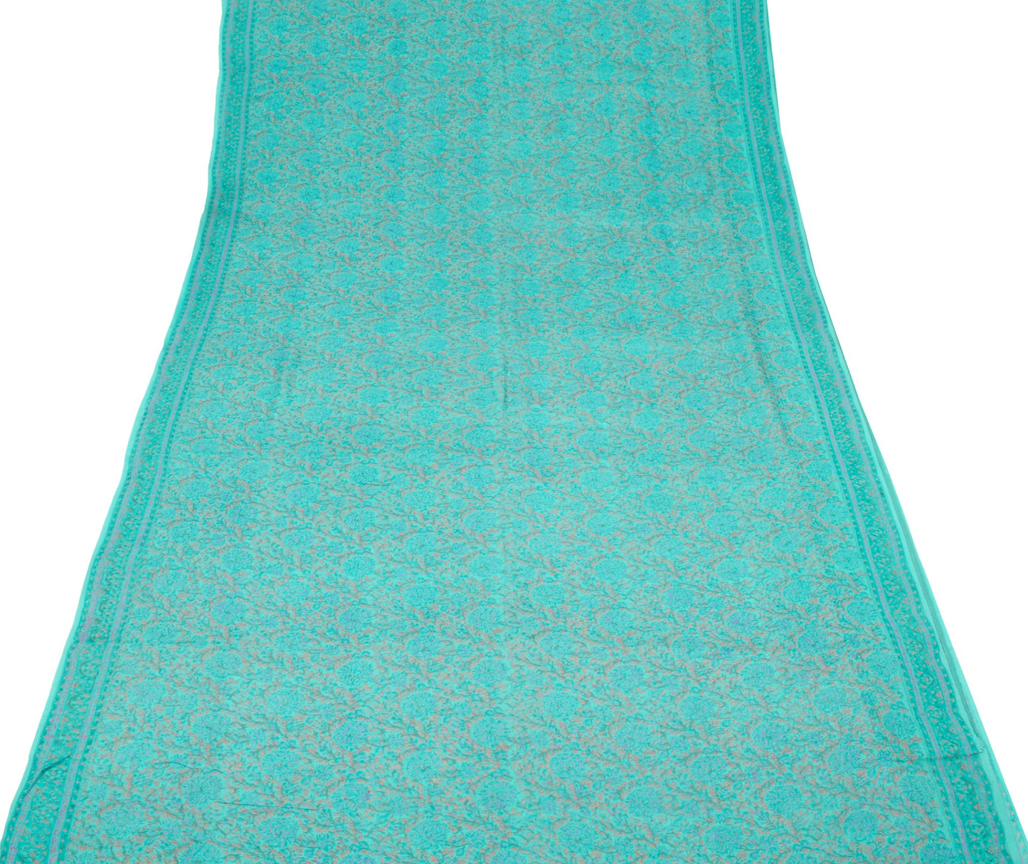 Sushila Vintage Aqua Green Saree Pure Chiffon Silk Hand Print Floral Soft Fabric