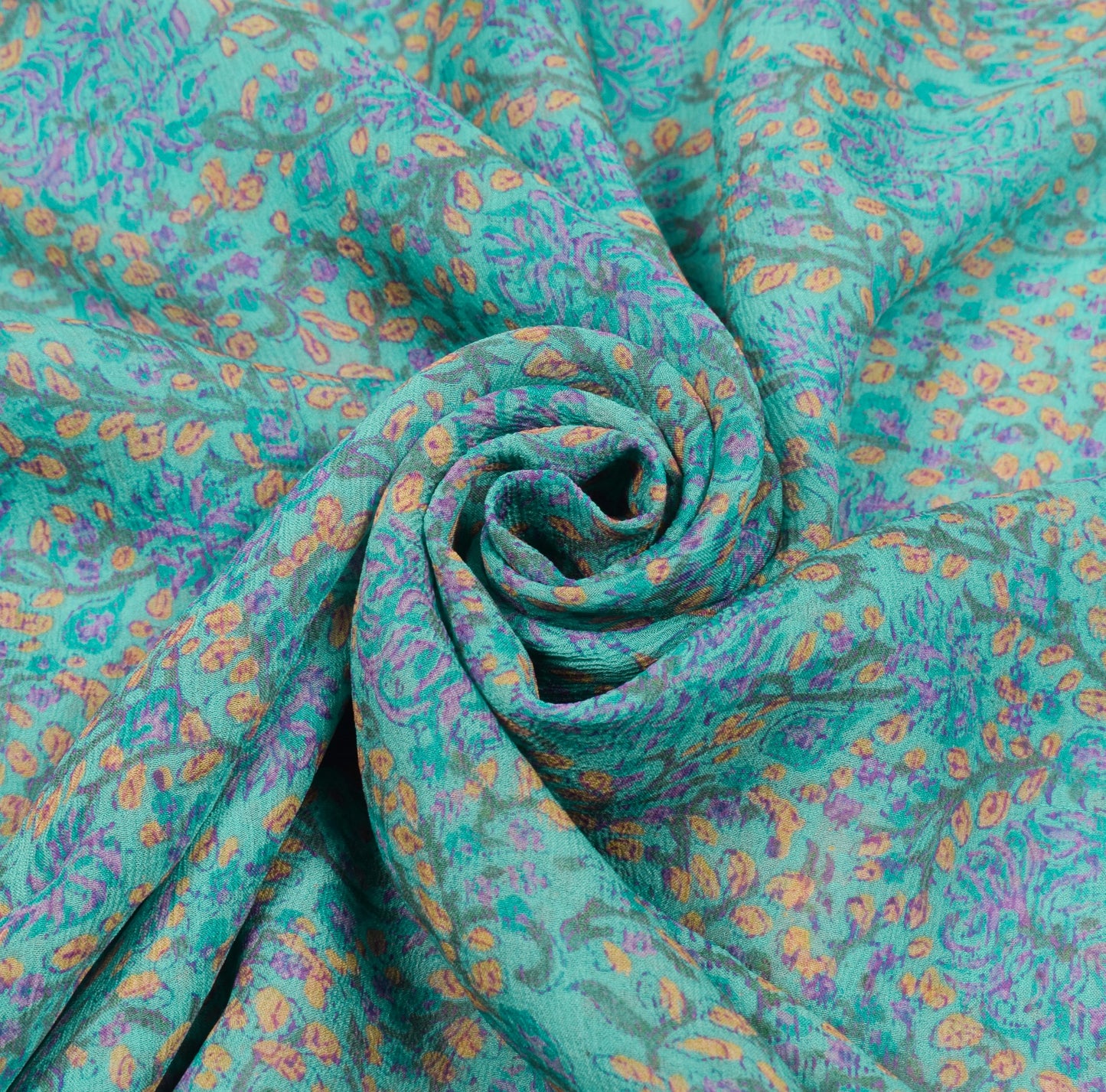 Sushila Vintage Aqua Green Saree Pure Chiffon Silk Hand Print Floral Soft Fabric