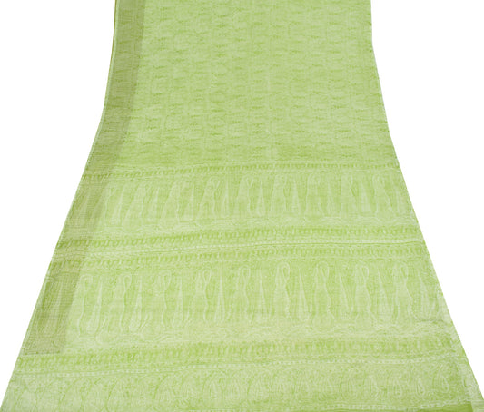 Sushila Vintage Pure Chiffon Silk Saree Green Abstract Printed Soft Craft Fabric