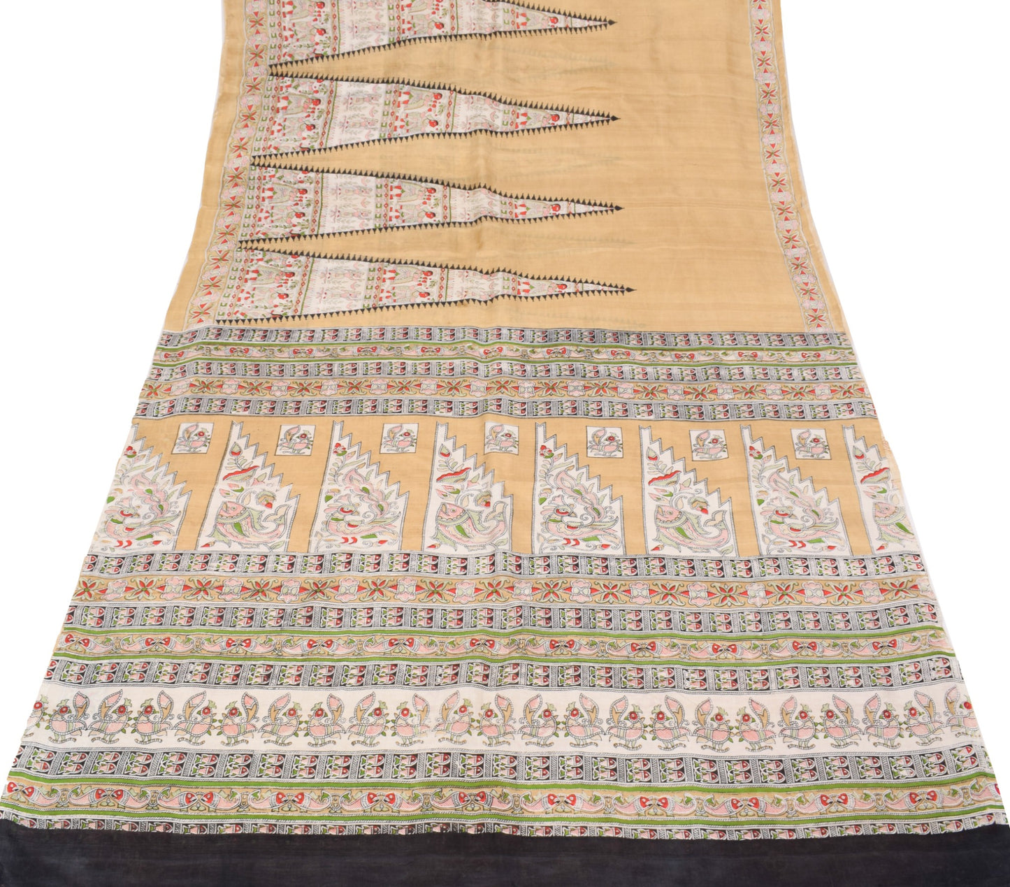 Sushila Vintage Brown Sari Pure Madhubani HandBrush Print Silk 6YD Soft Saree