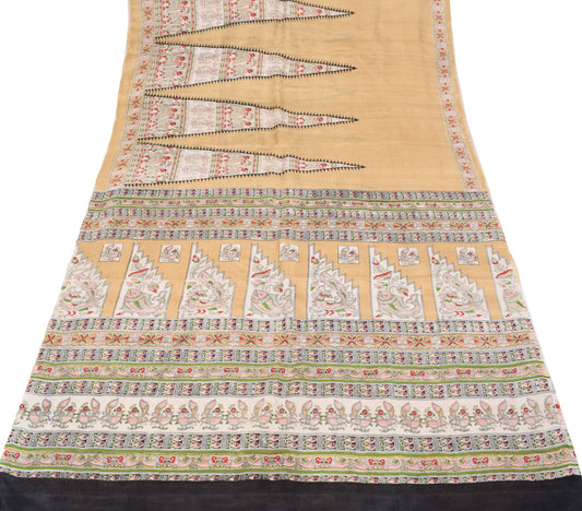 Sushila Vintage Brown Sari Pure Madhubani HandBrush Print Silk 6YD Soft Saree