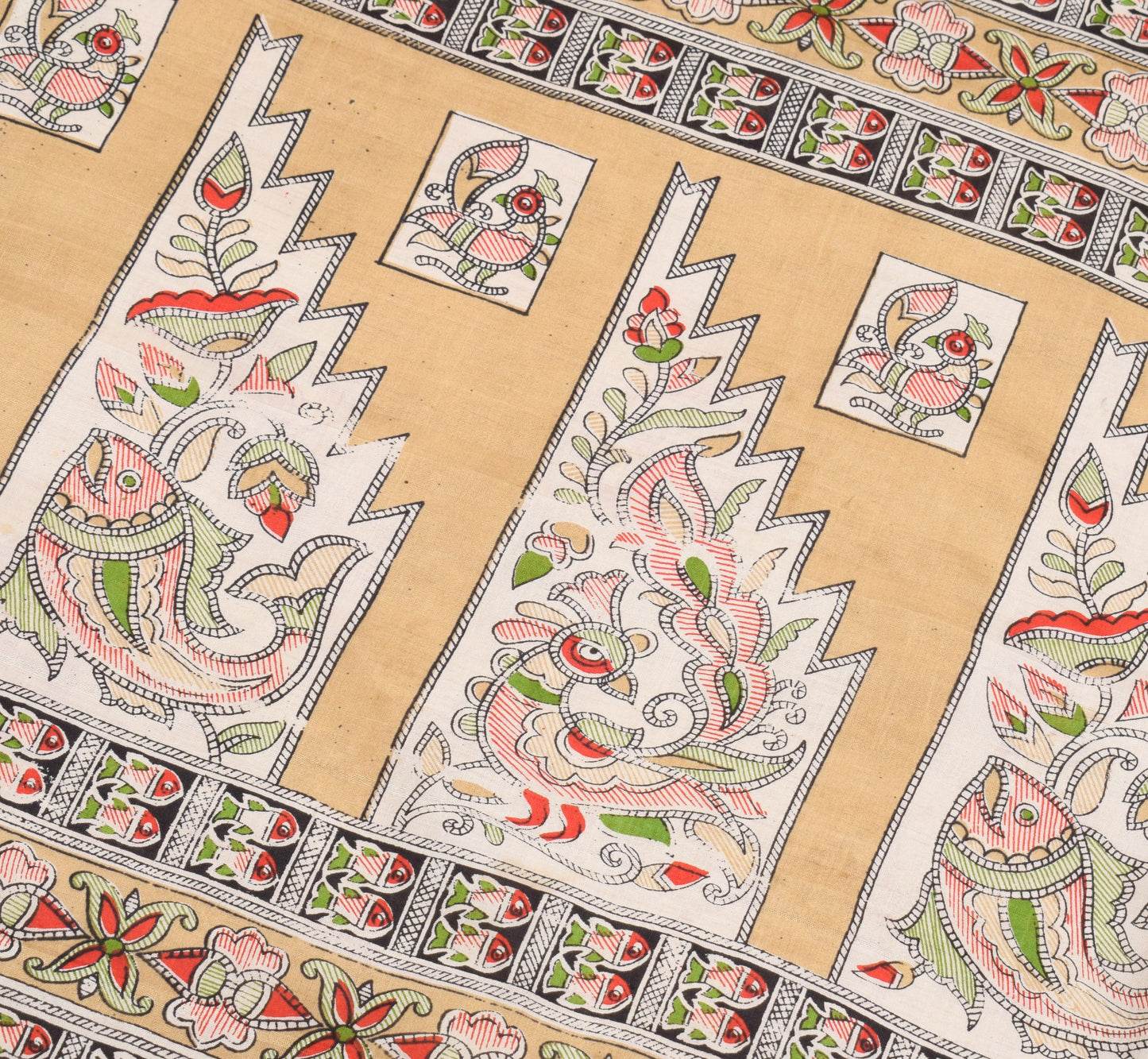 Sushila Vintage Brown Sari Pure Madhubani HandBrush Print Silk 6YD Soft Saree